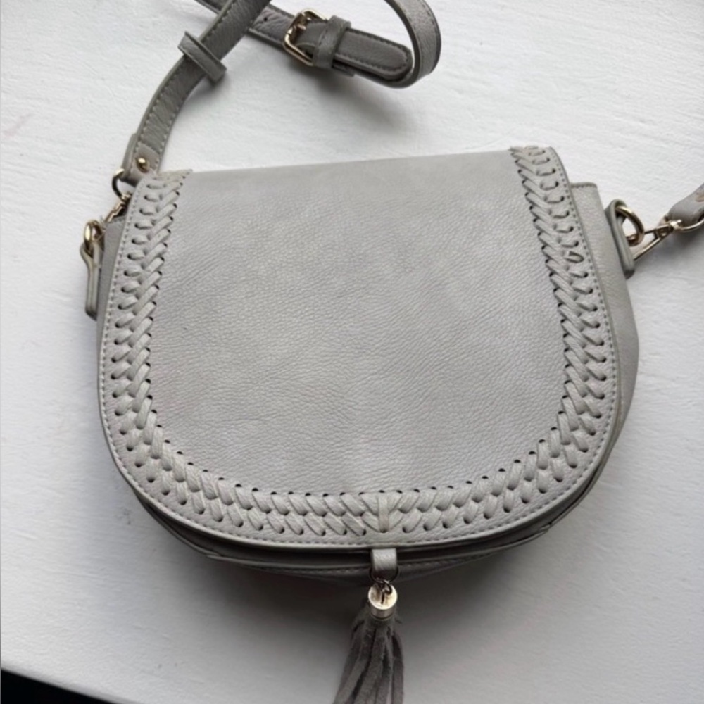 Moda Luxe Light Gray Woven Trim Crossbody Bag with Tassel